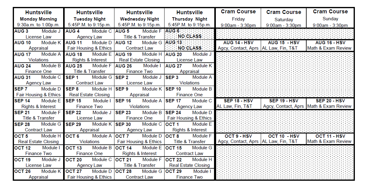 NSRE Pre-License Schedule