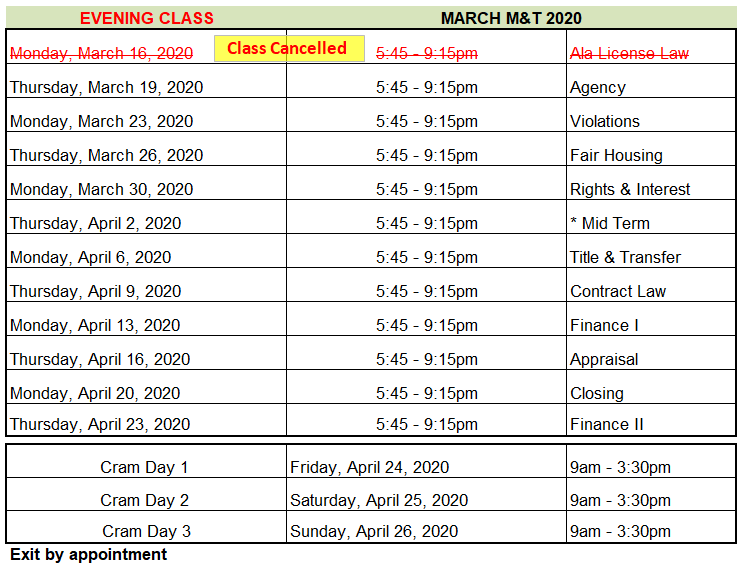 Class Schedule - Real Estate School Huntsville