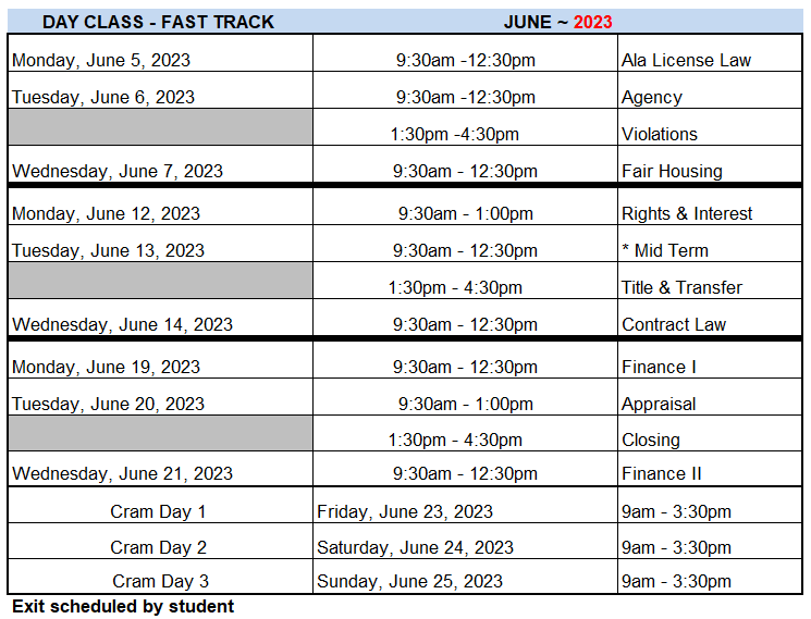 Class Schedule - Real Estate School Huntsville