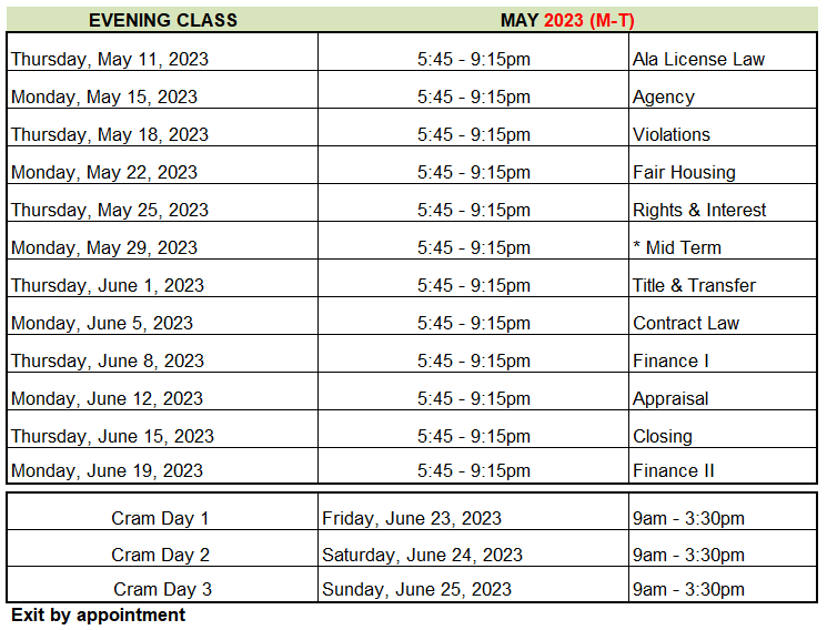 Class Schedule - Real Estate School Huntsville