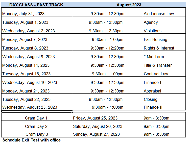 Class Schedule - Real Estate School Huntsville