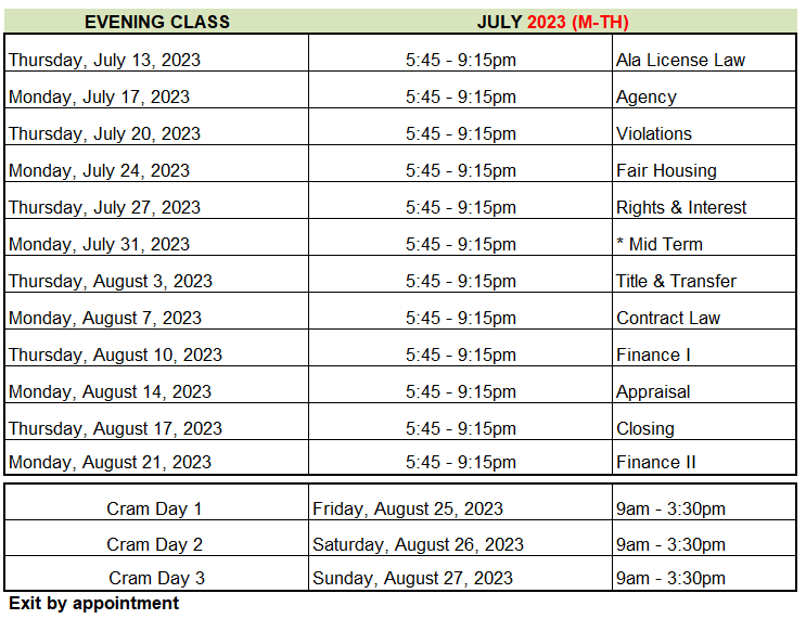 Class Schedule - Real Estate School Huntsville