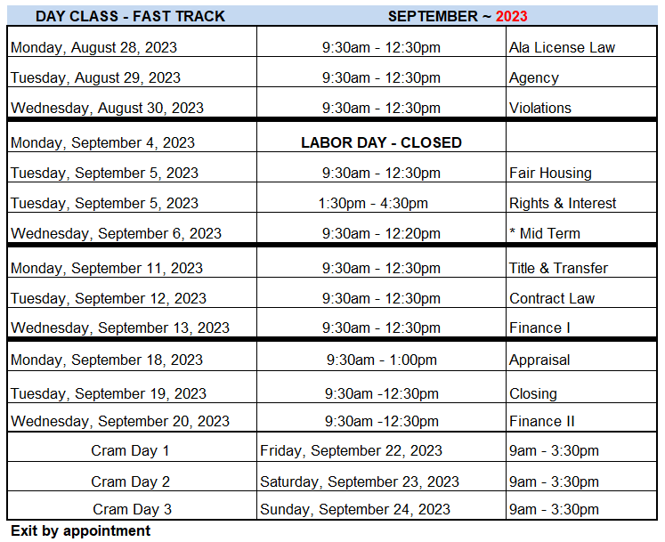 Class Schedule - Real Estate School Huntsville