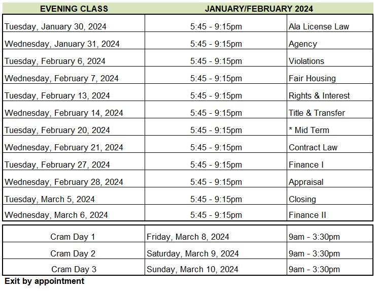 Class Schedule - Real Estate School Huntsville